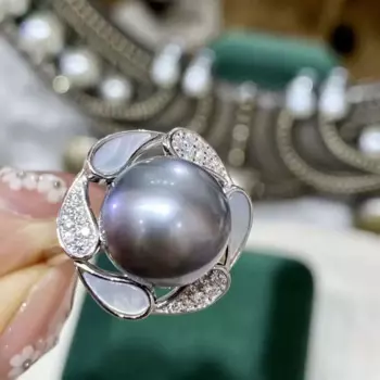 Великолепное круговое серебристо-серое кольцо таитянского цвета 11-12 мм 925s