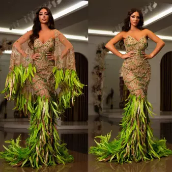 Великолепное зеленое платье с перьями, платье знаменитости с бисером и стразами, роскошное кружевное платье-русалка, женское платье