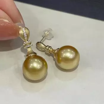 Великолепные AAAA 10-11 мм натуральные круглые золотые жемчужные серьги 925s в южнокитайском море