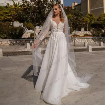 Великолепные женские свадебные платья принцессы А-силуэта блестящие тонкие кружевные свадебные платья с аппликацией дизайнерское платье с длинным рукавом и пуговицами сзади