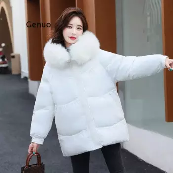 Верхняя одежда, зимняя теплая Модная женская пуховая куртка с капюшоном и меховым воротником, новинка 2021, однотонная женская пуховая куртка большого размера