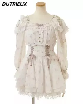 Весенне-летнее Новое японское милое платье с открытыми плечами для девочек шифоновые платья с длинными рукавами и юбка-низ