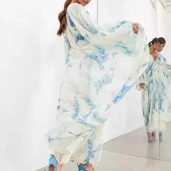 Весенне-летнее шифоновое женское платье с принтом, элегантное вечернее платье с v-образным вырезом и длинными рукавами, модное плиссированное праздничное платье с высокой талией Mujer