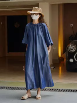 Весенне-летнее женское повседневное однотонное свободное платье с круглым вырезом и короткими рукавами