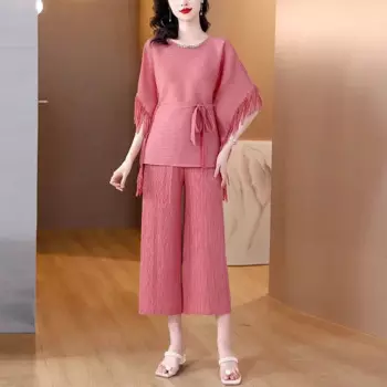 Весенне-летние облегающие элегантные брюки, комплект из рубашки с кисточкой летучая мышь, брюки с широкими штанинами, повседневный женский костюм большого размера из двух предметов, наряды Z2591