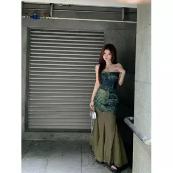 Весенне-летний новый сексуальный Джинсовый комплект с бюстгальтером в стиле ретро, джинсовый сетчатый комплект с юбкой-миди, Женский Камуфляжный костюм в острым стиле