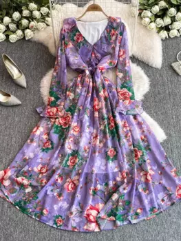 Весенне-осеннее женское длинное платье с цветочным принтом фиолетового/желтого/зеленого/розового цвета с рюшами и расклешенными рукавами с высокой талией, макси-платья, новинка