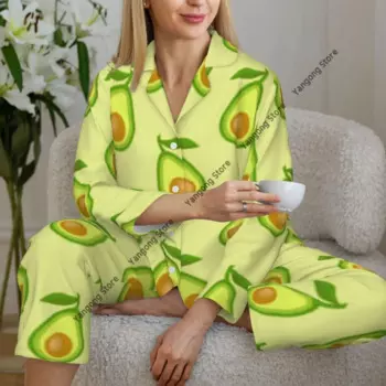 Весенне-осенние брюки с длинными рукавами, пижамный комплект одежды для дома, женский свободный спальный костюм с авокадо и фруктами