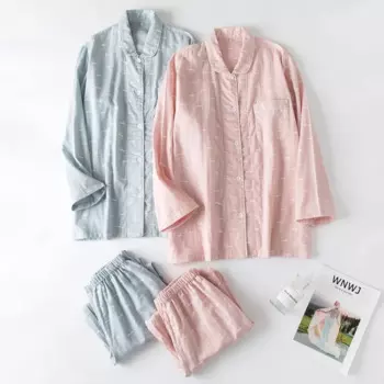 Весенне-осенние домашние пижамы для женщин, двухслойные марлевые брюки из 100% хлопка с длинными рукавами, пижамный костюм, женская домашняя одежда