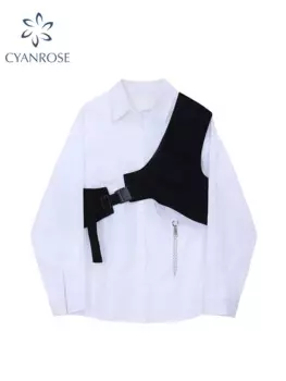 Весенне-осенние комплекты из двух предметов, женские свободные белые блузки с длинным рукавом, топы + бандажный черный жилет, 2022, модные рубашки, костюмы, повседневные топы