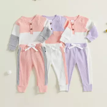 Весенне-осенние комплекты одежды для новорожденных девочек, боди в рубчик на пуговицах с длинными рукавами контрастного цвета + длинные брюки, повседневная одежда