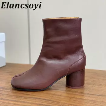 Весенне-осенние новые женские современные ботинки из натуральной кожи, короткие ботинки в британском стиле с разделенным носком, однотонные ботильоны на круглом каблуке