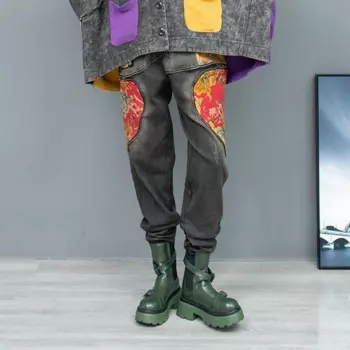 Весенне-осенние потертые контрастные лоскутные джинсовые шаровары женские джинсы LX971F1