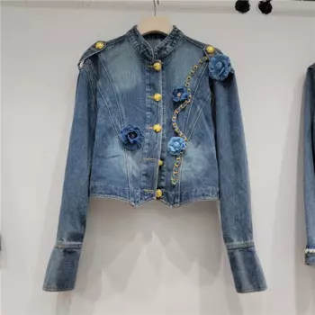 Весенне-осенние винтажные синие джинсовые куртки женские тонкие короткие воротники-стойки ковбойская верхняя одежда джинсовая куртка с цветочной цепочкой пальто женское