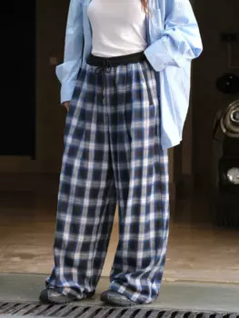 Весенне-осенние женские повседневные клетчатые широкие брюки с высокой талией