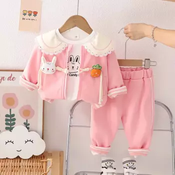 Весенне-осенний комплект детской одежды для маленьких девочек, кардиган с рисунком в Корейском стиле, пальто + футболка + штаны, наряд для девочек