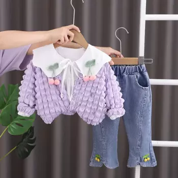 Весенне-осенний наряд на День святого Валентина для маленьких девочек, персонализированный милый однотонный кардиган, пальто + футболка + штаны, комплект одежды для девочек