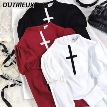 Весенне-осенний новый топ в японском стиле с длинными рукавами и воротником-стойкой, однотонная универсальная милая короткая блузка для девочек, майки