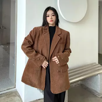 Весенне-осенний Новый вельветовый Блейзер, пальто, Женский винтажный Повседневный двубортный костюм с карманами, куртка, женская Свободная верхняя одежда, топы W334
