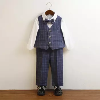 Весенне-осенний Свадебный костюм для мальчиков, детское платье на день рождения, синий клетчатый костюм, брюки, официальный костюм для 1-12 лет