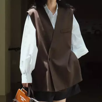 Весенне-осенний Женский Повседневный однотонный Свободный жилет с V-образным вырезом и одной пуговицей