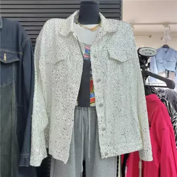 Весенне-осенняя модная джинсовая куртка с блестками, женское черно-белое свободное ковбойское пальто средней длины, джинсовая куртка с большим карманом, женская