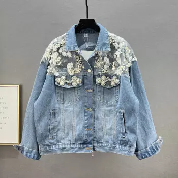 Весенне-осенняя модная джинсовая куртка с жемчугом и бисером, блестками и бриллиантами, повседневная джинсовая куртка с длинными рукавами и лацканами