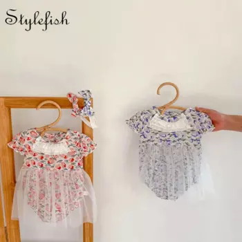 Весенне-осенняя одежда ins 2022 для маленьких девочек многослойная сетчатая юбка с деревянными ушками хлопковый Детский комбинезон Hayi