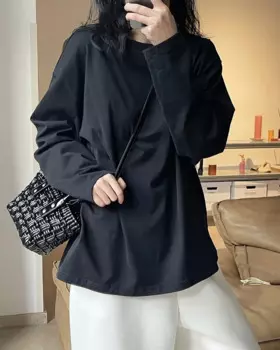 Весенне-осенняя женская повседневная однотонная свободная футболка с круглым вырезом и длинными рукавами