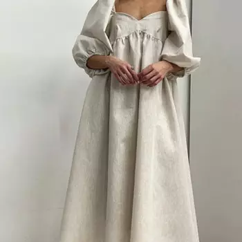 Весеннее однотонное хлопково-льняное вечернее платье трапециевидной формы, женское офисное платье с квадратным воротником и высокой талией, осеннее длинное платье с пышными рукавами в стиле бохо