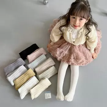 Весенние хлопковые колготки для девочек, теплые вязаные детские леггинсы, плотные полосатые гладкие колготки, детские леггинсы, детские носки 1-9 лет