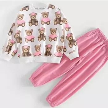 Весенний комплект детской одежды для девочек, модные толстовки с принтом медведя с героями мультфильмов, пуловер, топ и розовые штаны, костюм из двух предметов