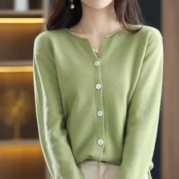 Весенний Новый кардиган из 100% чистой шерсти, женские повседневные тонкие трикотажные рубашки 2022, оригинальная свободная кашемировая Женская куртка с круглым вырезом, базовый топ