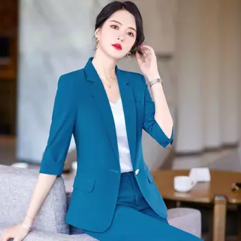 Весенний новый маленький костюм с рукавом три четверти Женская корейская мода темпераментная офисная одежда костюм в синем костюме комбинезоны