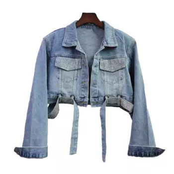 Весенняя корейская винтажная синяя джинсовая куртка, пальто, женская тонкая короткая ковбойская верхняя одежда, пояс с бриллиантами, джинсовая куртка с большим карманом, женская