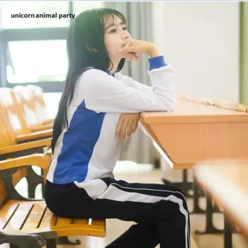 Весенняя модная одежда в китайском стиле; Одежда для студентов и студенток; Темно-синяя и белая футболка с длинными рукавами в стиле пэчворк