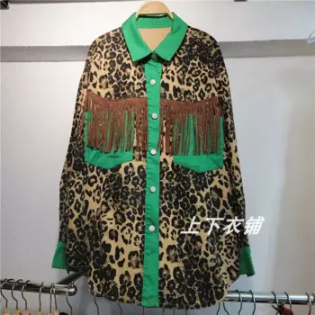 Весенняя Новинка 2024, модное короткое пальто SuperAen, рубашка с леопардовым принтом и кисточками, дизайнерская Повседневная джинсовая рубашка с цветными блоками