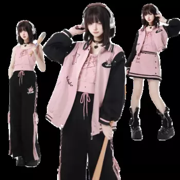 Весна 2024, бейсбольная форма в колледжском стиле, розовая, черная куртка на молнии, пальто и короткая юбка, жилет, повседневный костюм с брюками, женская одежда