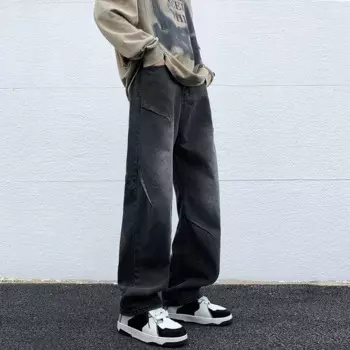 Весна 2024, модные повседневные универсальные прямые джинсы в американском стиле High Street с эффектом потертости, мужские длинные брюки с широкими штанинами KZ7093