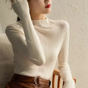 Весна 2024 пуловер с круглым вырезом Однотонный свитер из чистой шерсти вязаный Приталенный топ с длинным рукавом женская одежда корейская мода