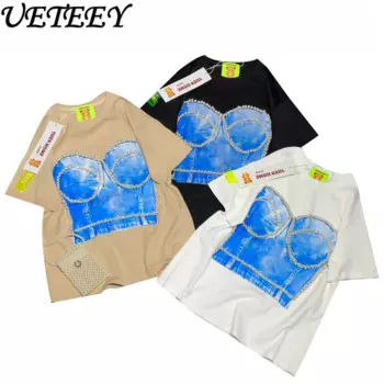 Весна и лето 2024, новые дизайнерские крутые футболки с графическим принтом и бисером, женская модная повседневная свободная футболка с короткими рукавами, топ