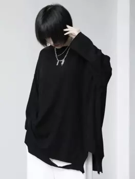 Весна и осень новые женские нерегулярные личность рисуночным дизайном и круглым воротником, свободная повседневная одежда расположены отверстие Длинные рукава футболка