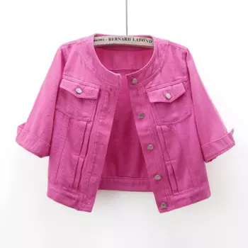 Весна-лето с круглым вырезом, рукавом три четверти, джинсовая куртка с большим карманом, женская тонкая короткая ковбойская верхняя одежда, повседневная джинсовая куртка, женская