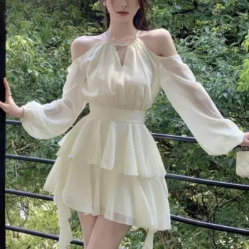 Весна-лето с открытыми плечами, белое сексуальное платье-торт, женское элегантное модное платье с длинными рукавами, фея Z723