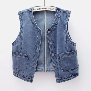 Весна-лето тонкий джинсовый жилет с круглым вырезом и большим карманом женский тонкий короткий кардиган ковбойский жилет синяя джинсовая куртка без рукавов женская