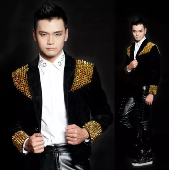 Весна, новинка, мужские бриджи, костюмы для диджея, черные, золотые заклепки, короткий тонкий маленький костюм, пальто, одежда на заказ