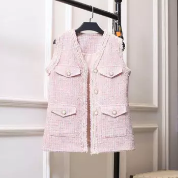 Весна-Осень 2023 Новый универсальный розовый очаровательный жилет с V-образным вырезом французский твидовый жилет