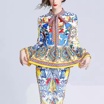 Весна-осень 2024, дизайнерские подиумные женские костюмы, рубашка с длинными рукавами и длинные брюки с принтом, женская одежда, брючные костюмы SL072