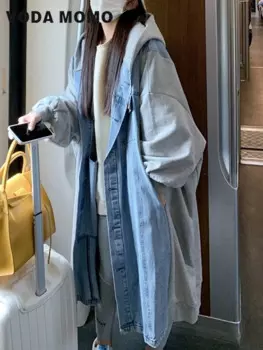 Ветровка женская с длинным рукавом, однобортный Топ с карманами, джинсовый Тренч с капюшоном, свободная Базовая джинсовая куртка в стиле пэчворк