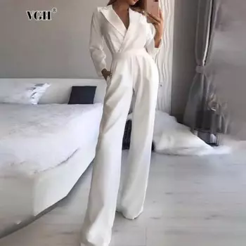 VGH Элегантные однотонные винтажные свободные комбинезоны для женщин с v-образным вырезом и длинным рукавом с высокой талией Темпераментный комбинезон Женский модный стиль Новый